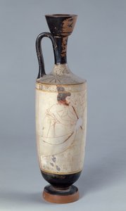 Attische witgrond lekythos met Charon, de veerman van de onderwereld die de ziel van een dode ontvangt, ca. 420 v.Chr.